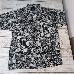 Dragonfly Roadhouse Skull Button Shirt Black White Allover Graphic – Men’s XL